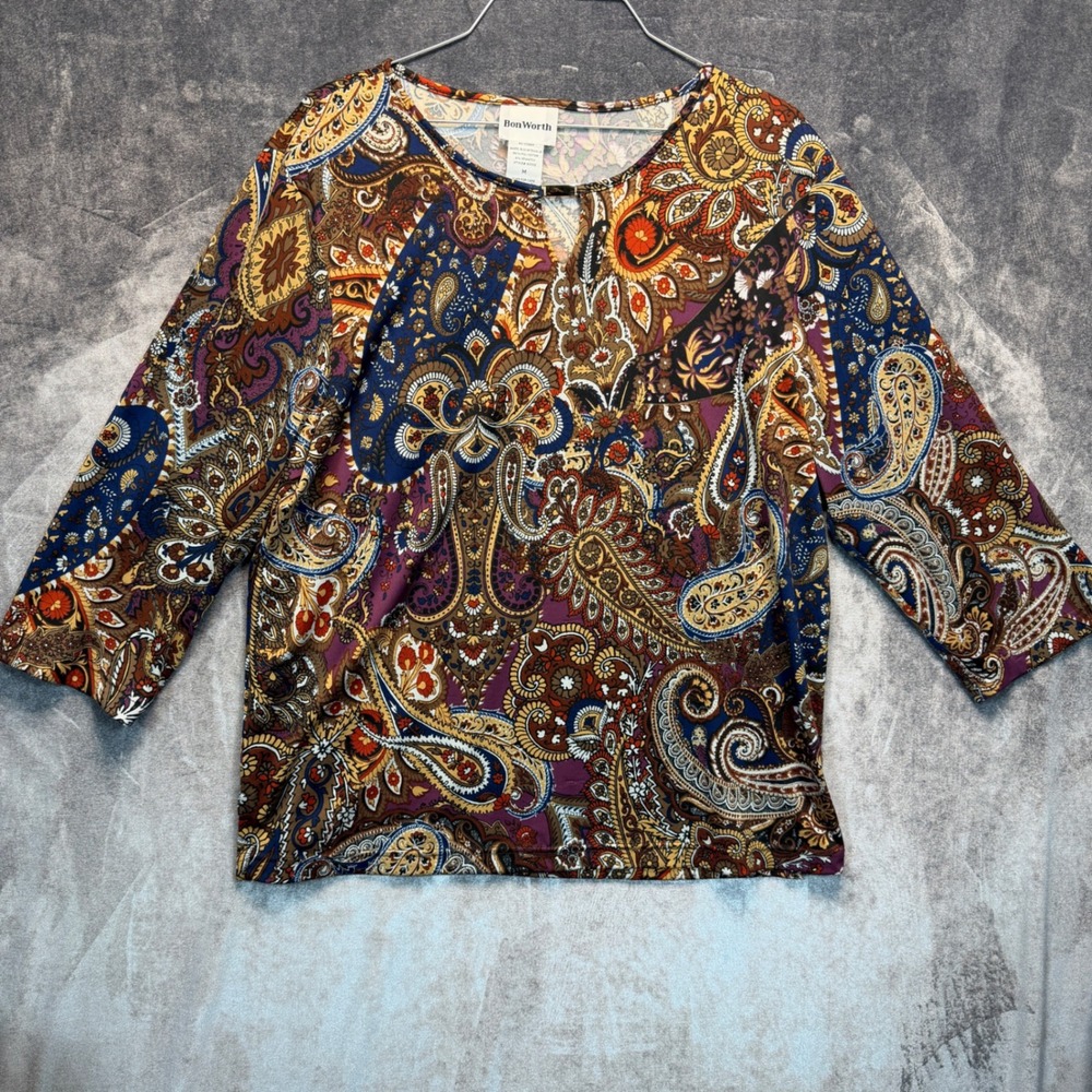 BonWorth Paisley Top Womens M Multicolor Boho 3/4 Sleeve Keyhole Neck 2872